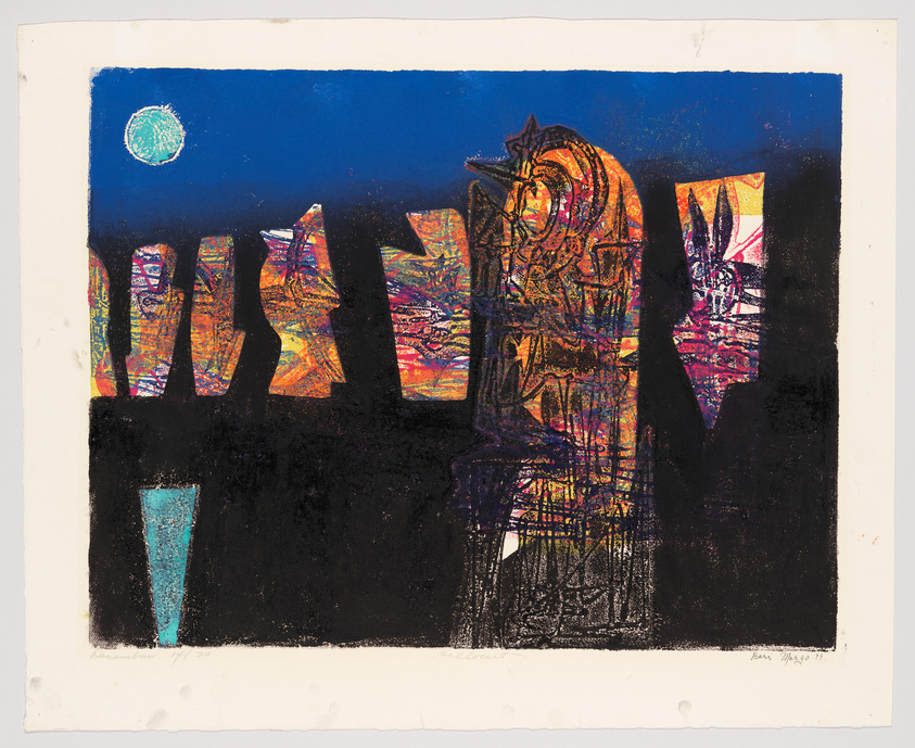 This image depicts a vibrant, abstract cityscape at night, with a dark blue sky and a textured, multicolored background suggesting illuminated buildings. A prominent, stylized structure resembling a cathedral or tower stands out in black silhouette with intricate details, and a small, pale moon hangs in the sky. The foreground is dominated by deep black shadows, and the artwork has a raw, expressive quality. There are visible signatures and markings on the white border surrounding the image.