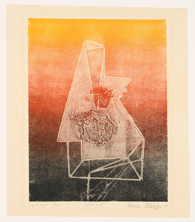 This is an abstract print featuring geometric shapes and a gradient background transitioning from yellow to red to black. The central figure resembles a stylized, angular bird with a textured body, possibly made from crumpled material, set within outlined shapes. The artwork has handwritten text along the bottom edge, indicating the artist's name, the print edition, and possibly the title or year.