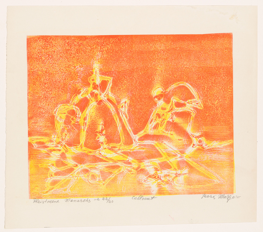 A vibrant abstract print with orange and yellow hues depicting stylized figures that appear to be in motion. The artwork has a dynamic, energetic feel, with the figures seeming to blend into the textured background. There is text at the bottom indicating the title "Pleistocene Mammals" and the artist's signature.
