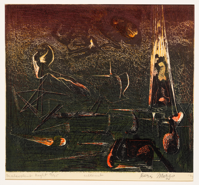 This is an image of an abstract etching with a dark background featuring various shapes and figures in a dreamlike composition. There's a prominent vertical light beam on the right side with silhouetted figures within it. The artwork is filled with textures and patterns, and there are hints of red and yellow colors throughout. The bottom of the image contains handwritten text, presumably the title of the piece and the artist's signature.