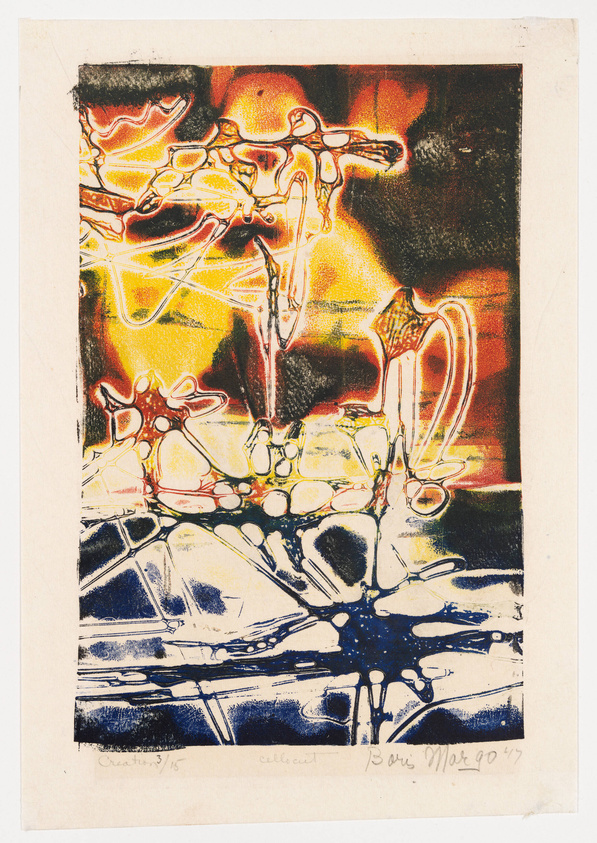 A vibrant abstract print featuring a dynamic interplay of colors, predominantly yellow, red, and blue, with black accents. The composition suggests a fluid, organic form, possibly a reflection or a distorted view through glass, with a central area that resembles a cluster of bubbles or cells. The image has a textured, layered quality, with some areas appearing translucent and others more opaque. Handwritten text at the bottom indicates the artwork is numbered and signed by the artist, dated '90.