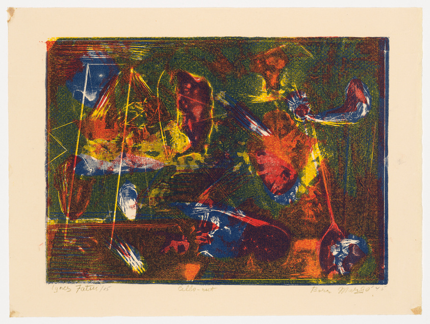 A vibrant abstract print featuring a chaotic blend of colors and shapes with prominent reds, blues, yellows, and greens. The composition includes intersecting lines and forms that suggest movement, with some areas appearing to be more defined, resembling musical instruments or figures. The artwork is bordered by a dark line and signed by the artist in the lower left and right corners, with notations indicating the print's edition number.