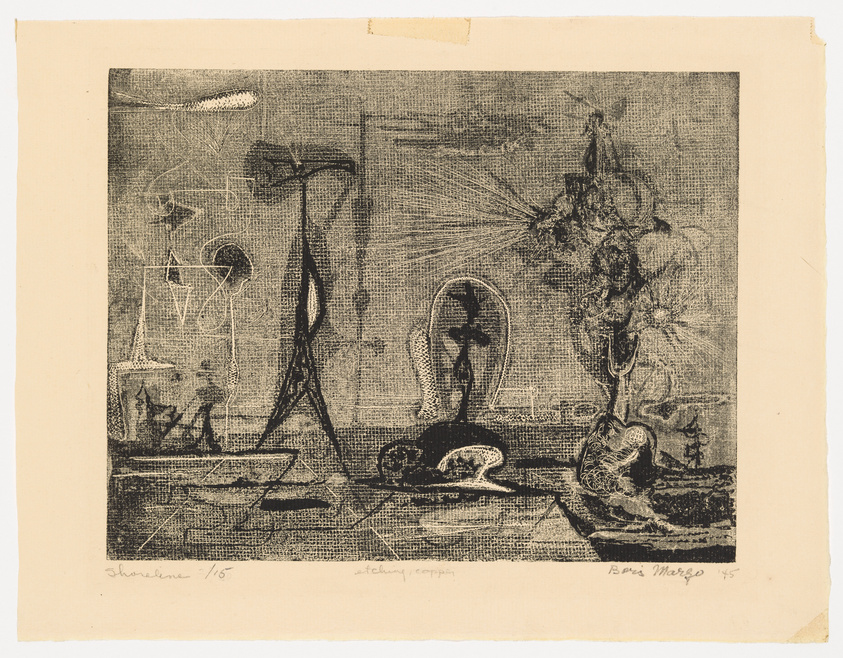 An etching print with abstract and surreal elements, featuring various shapes and figures that appear to be floating or arranged in a dream-like composition. The artwork includes geometric forms, a human silhouette, and organic shapes that create a sense of depth and texture. The print is signed and numbered by the artist in the lower margin.