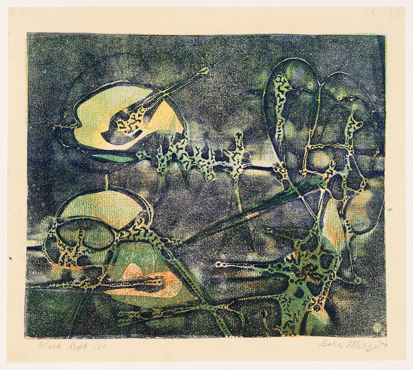 Abstract print featuring a blend of green, yellow, and blue hues with shapes resembling musical instruments and organic forms. The composition has a dreamlike, surreal quality with a textured background. There is a signature at the bottom right and text at the bottom left indicating the title and edition of the artwork.