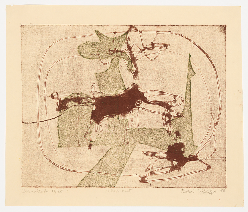 Abstract etching with brown and green tones, featuring distorted animal-like figures and geometric shapes, signed and dated '76.