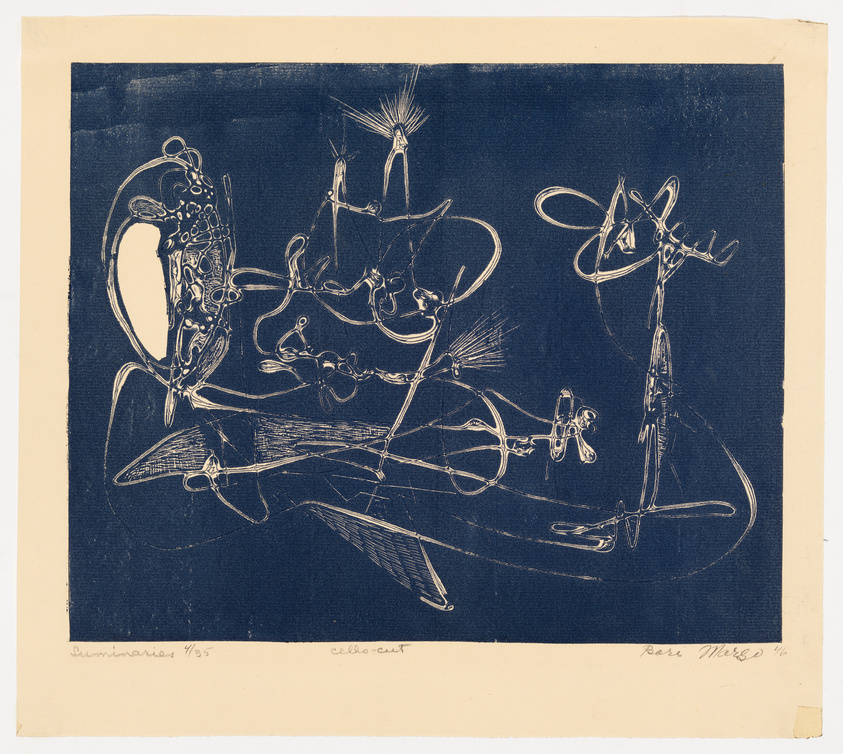 A blue monochromatic etching featuring abstract, whimsical shapes and lines that resemble fantastical creatures or machinery, with handwritten text at the bottom indicating the title and technique used.