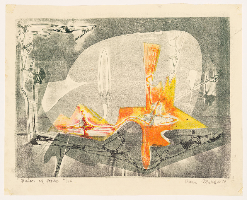 Abstract artwork featuring a blend of organic and geometric shapes with a central fiery orange and yellow form on a predominantly grayscale background. The piece includes fluid lines and textures, with some areas suggesting transparency and layering. There are handwritten inscriptions at the bottom.