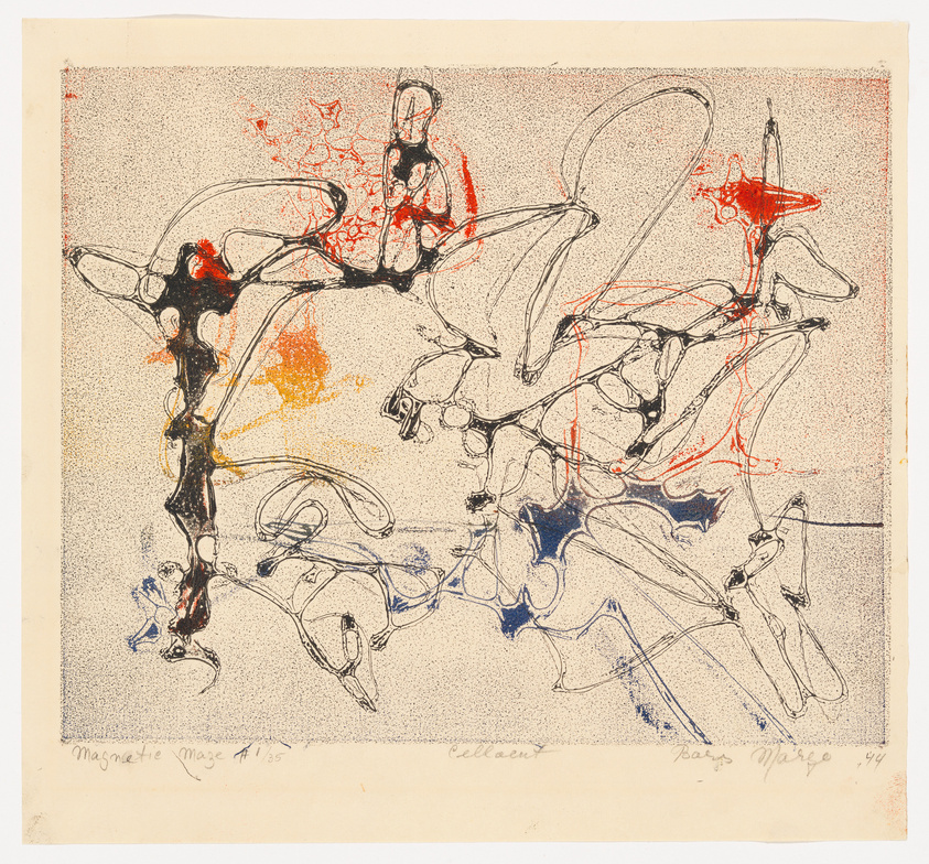 Abstract artwork featuring spontaneous, scribble-like lines in black with splashes of red, blue, and yellow. The composition is dynamic and appears to be a lithograph, with some text and numbers at the bottom indicating the title and edition of the piece.