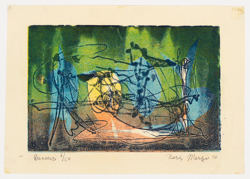 A colorful abstract print featuring a blend of blue, green, and orange hues with black line art that suggests the form of dancers. The artwork is numbered and signed at the bottom, indicating it's part of a limited series.