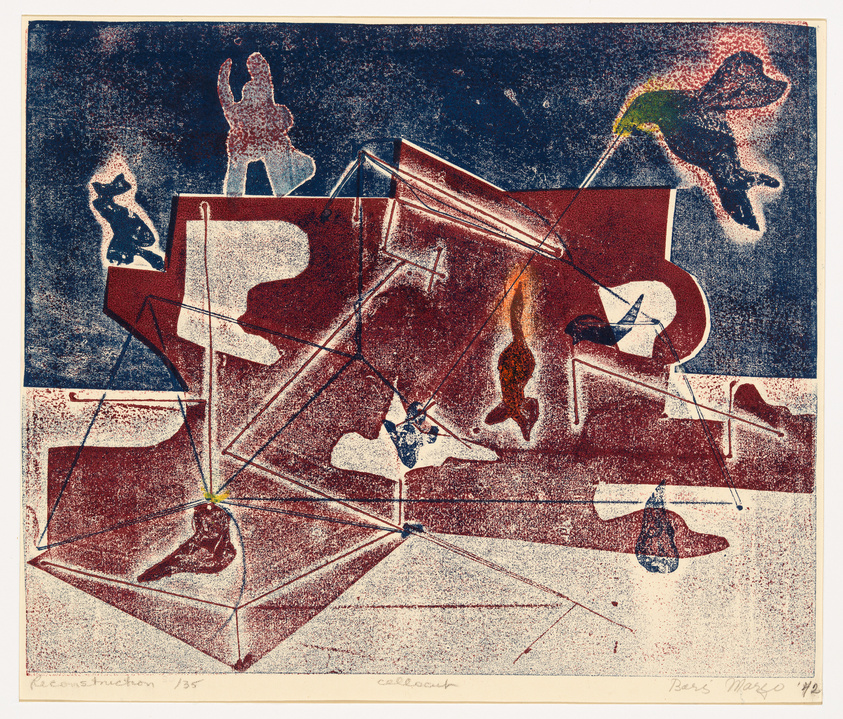 A colorful abstract print featuring geometric shapes and silhouetted figures. The composition is dominated by red and blue hues with elements of yellow and green, creating a sense of depth and movement. The figures appear to interact with the shapes, adding a dynamic quality to the artwork. The print is signed and titled, indicating it is a piece of fine art.