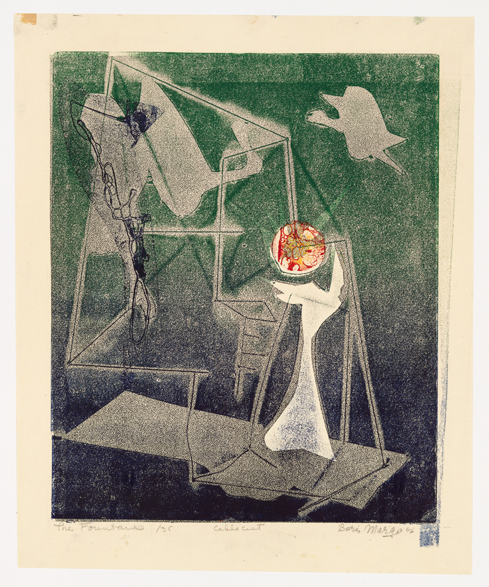 A textured print featuring abstract geometric shapes and lines in green and black, with a prominent red circle containing intricate patterns in the upper right quadrant. The artwork has a dreamlike, surreal quality, and there is text at the bottom indicating the title and possibly the artist's signature.