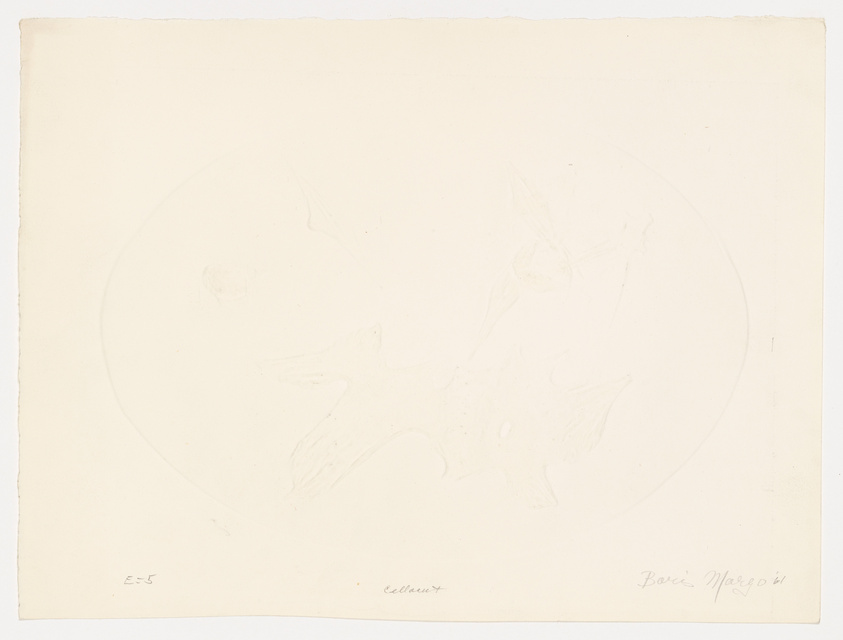 A faint pencil sketch on off-white paper with a circular motif and indistinct shapes, signed "Boris Margo 61" in the lower right corner.