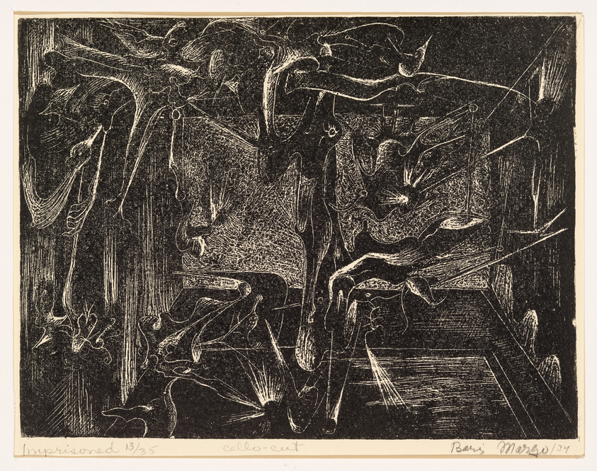 This is a black and white etching with abstract and somewhat chaotic imagery. There are various shapes and lines that could be interpreted as stylized figures or objects, with some resembling human or animal forms. The composition is dense with overlapping elements, creating a sense of movement and energy. The bottom left corner of the image contains text that reads "Imprisoned 13/35 cello-cut" and is signed "Beau 'Mergo' 34" in the bottom right corner.