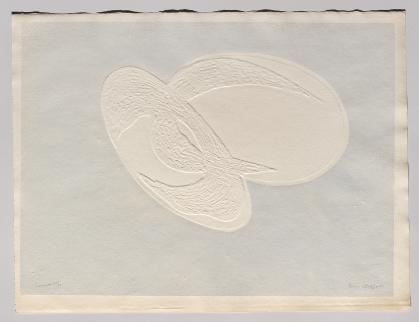 An embossed print featuring two overlapping circular shapes with textured patterns, resembling abstracted wings or leaves, on a cream-colored paper with artist signatures at the bottom corners.