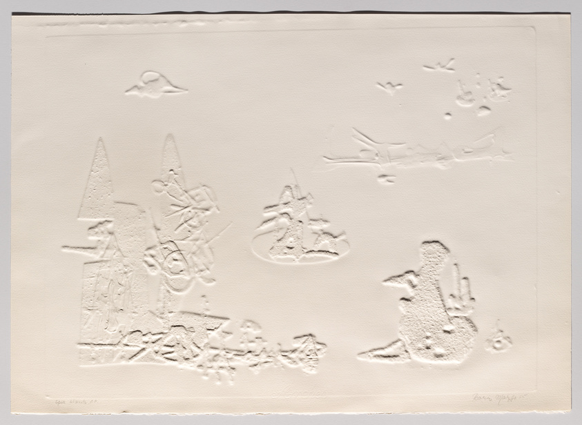 A textured white-on-white embossed print featuring abstract shapes and symbols that resemble a landscape with trees, birds, and possibly other natural elements, with signatures at the bottom.