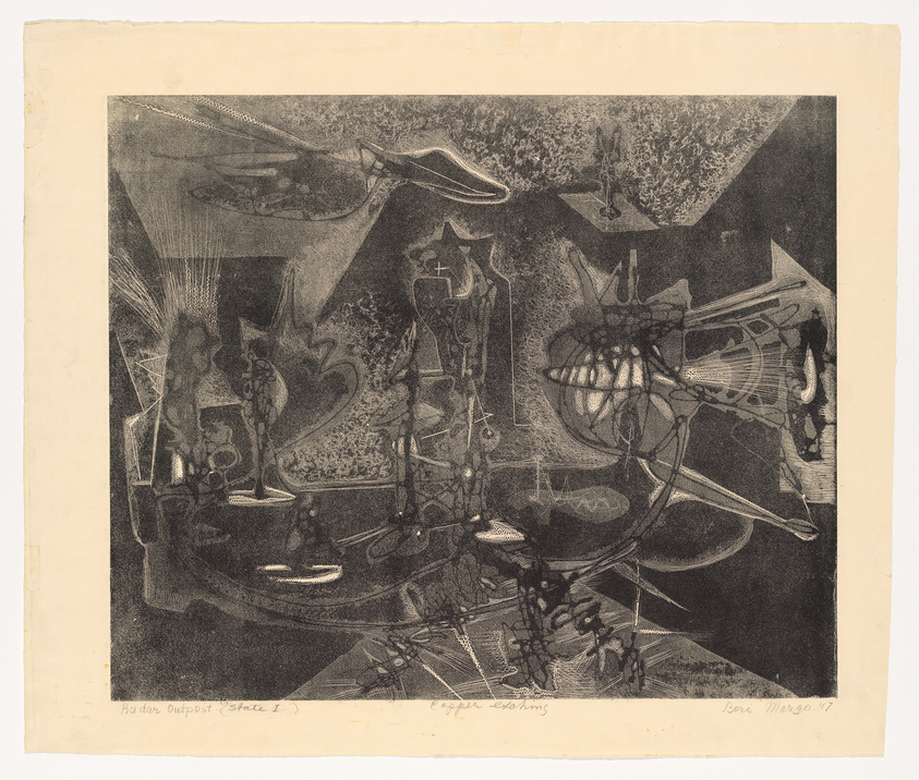 This is a detailed etching with a complex, abstract design featuring various surreal elements and shapes that evoke a dream-like atmosphere. The composition includes what appears to be mechanical parts, organic forms, and shadowy figures, with a mix of dark and light areas creating a sense of depth. There are handwritten inscriptions at the bottom, indicating the title and possibly the artist's signature and date.