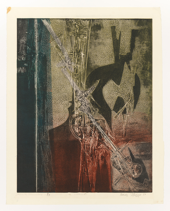 An abstract print featuring a mix of geometric and organic shapes with a textured background. The color palette includes dark blue, green, brown, and red tones. There are elements that resemble crystalline structures and silhouettes that might suggest figures or objects. The print is signed and dated at the bottom.