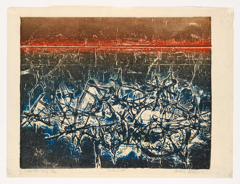 An abstract print featuring a chaotic tangle of lines and shapes in dark blue against a lighter blue background, with a thin, bright red horizontal stripe near the top. The artwork is on paper with visible creases and borders, and there are handwritten inscriptions at the bottom.