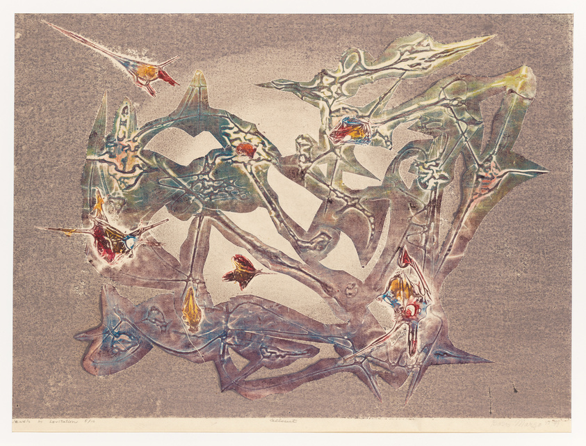 A vintage print featuring an abstract composition with translucent, overlapping organic shapes and vibrant splashes of color on a textured brown background. The artwork has a dreamlike, ethereal quality, with elements that suggest natural forms like leaves and wings, intermingled with undefined fantastical structures.