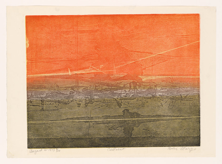 This is an image of an abstract print with a vibrant red upper section transitioning into a green lower section. The print features sketch-like representations of sailboats on a body of water, with faint linear patterns and markings throughout. There are handwritten inscriptions at the bottom, including a date and signatures. The artwork is bordered by a cream-colored paper margin.