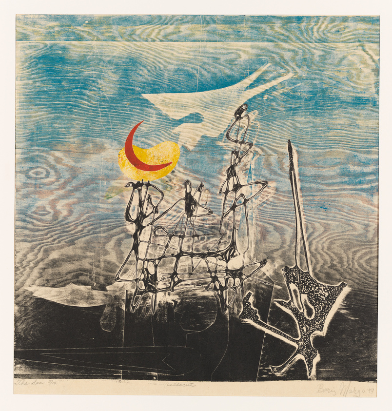 This is an abstract artwork featuring a textured blue background that resembles water with wavy patterns. A crescent-shaped yellow and red object, possibly representing the moon or sun, is in the upper left corner. Shadowy, surreal figures and shapes that appear to be floating or submerged are depicted in black and white in the foreground, with one prominent elongated shape stretching towards the top right corner. The image has a dreamlike, otherworldly quality. There are signatures and possibly edition numbers at the bottom of the print.