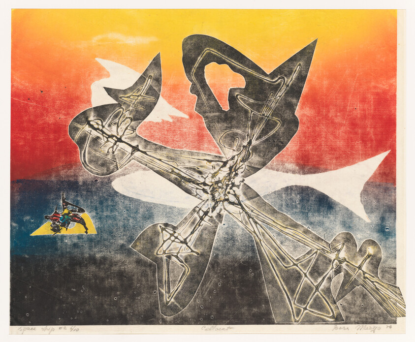 A vibrant abstract print featuring a central figure resembling a stylized, skeletal space ship with outstretched wings against a gradient background transitioning from yellow to red. The bottom left corner includes a small, colorful detail of a knight on horseback on a yellow and blue triangular field. The print is titled "Space Ship" and includes the artist's signature and the edition number in the lower margin.