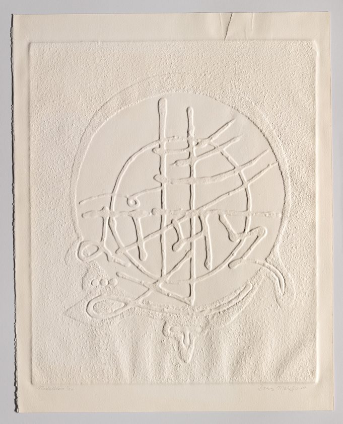 A textured white-on-white embossed print featuring an abstract circular design with interconnected lines and shapes, possibly suggesting a maze or a cryptic symbol. The artwork is bordered by a raised frame, and there is a signature at the bottom right corner.