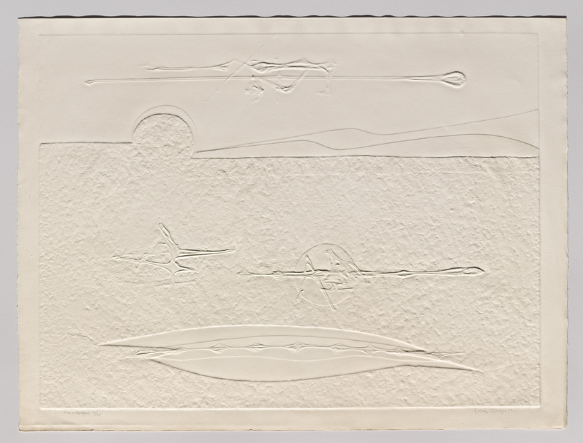 A textured white embossed print featuring abstract shapes and lines that suggest a landscape with a sun or moon, birds, and perhaps vegetation or water, all in a minimalist style. The artwork has a rough, tactile surface and is signed by the artist in the lower left corner.
