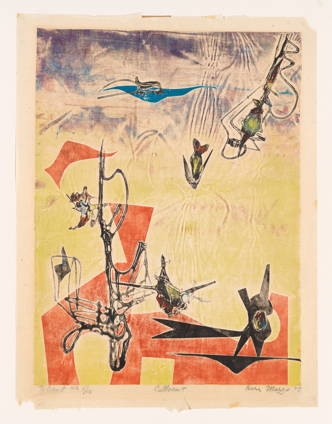 This is an abstract, colorful artwork featuring a mix of organic and geometric shapes on a textured paper background. Vivid red and yellow hues form the base, with overlays of blue and black lines and shapes that suggest movement. Some elements resemble figures or creatures, with a dynamic, almost surreal quality. The piece is signed and dated in the lower corners.