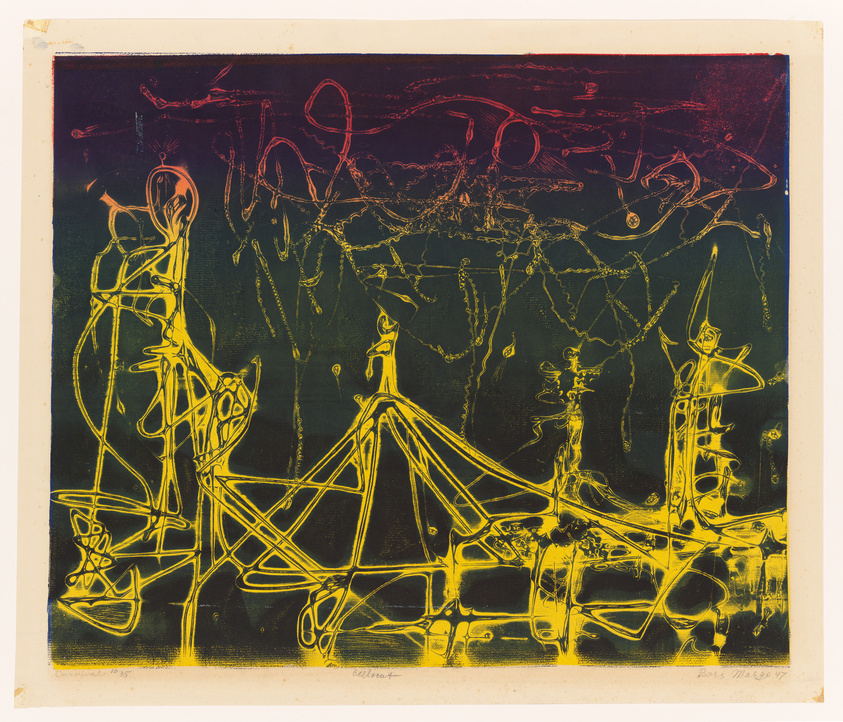 Abstract artwork featuring a vibrant contrast of yellow and red lines and shapes on a dark green background, resembling a chaotic and intricate web of interconnected forms. The piece has a dynamic and fluid quality, with some areas suggesting figures or structures amidst the tangle. The image includes signatures and edition numbers at the bottom.