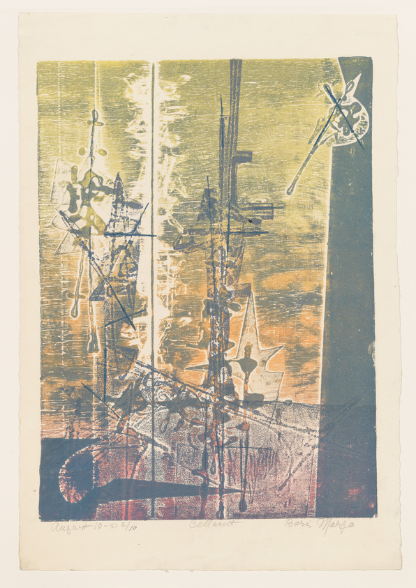 This is an abstract print featuring a blend of vertical and horizontal lines, shapes, and textures in a muted color palette. The composition gives the impression of reflections and shadows, possibly suggesting an industrial or urban scene. There are handwritten inscriptions at the bottom, indicating the artwork's title, edition number, and the artist's signature.