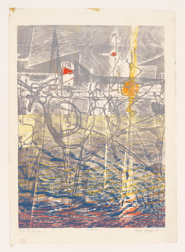 This is an abstract print featuring a blend of various shapes and colors. The upper portion shows geometric and organic forms with hints of red and yellow, overlaying a textured gray background. Below, there is a representation of water with blue, white, and orange strokes, creating a reflection-like effect. The print has a rough, painterly quality and includes handwritten text at the bottom, suggesting it's a signed artwork.