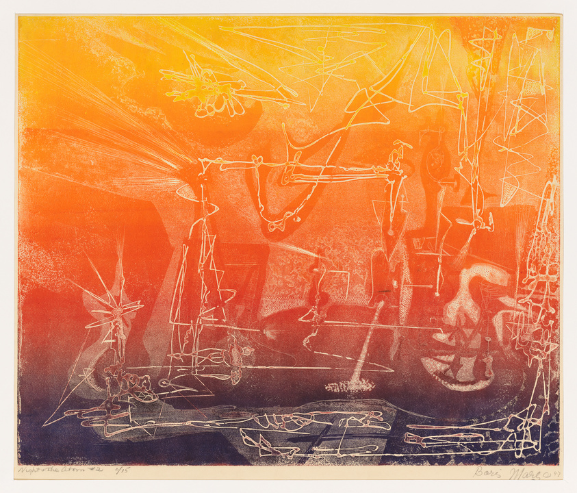 A vibrant abstract print with a gradient of warm colors transitioning from yellow at the top to red in the middle and dark blue at the bottom. The composition is filled with various white line drawings that resemble schematic or mechanical illustrations, possibly suggesting a chaotic urban landscape or a complex machinery. The artwork is numbered and signed by the artist in the lower margin.