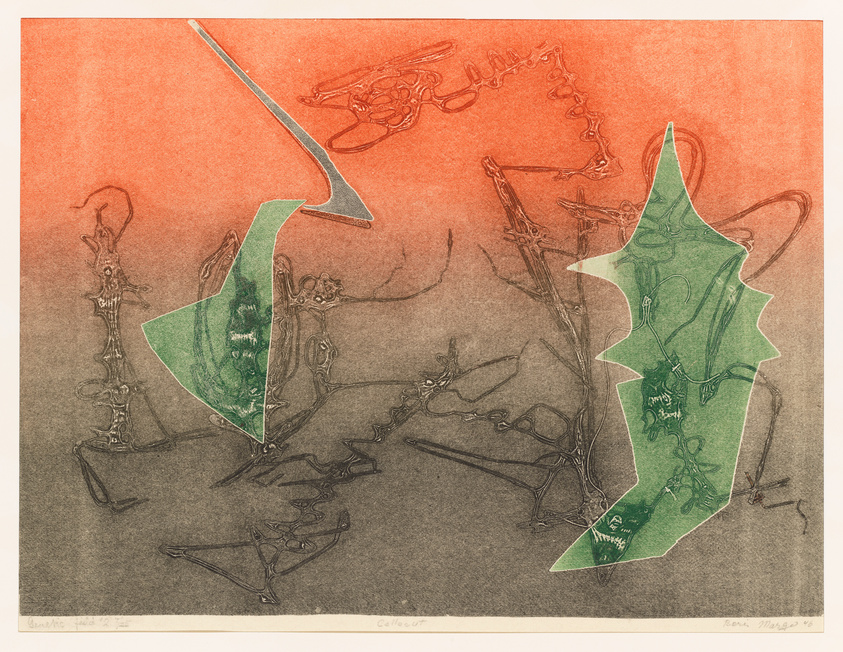 This is an abstract artwork featuring a combination of etched lines and colored shapes against a gradient background that transitions from orange to gray. Two prominent, irregularly shaped green forms with white outlines are centered on the canvas, surrounded by delicate, sketch-like lines that suggest mechanical or organic forms. The piece has a dreamlike, surreal quality, and there are handwritten inscriptions along the bottom edge.