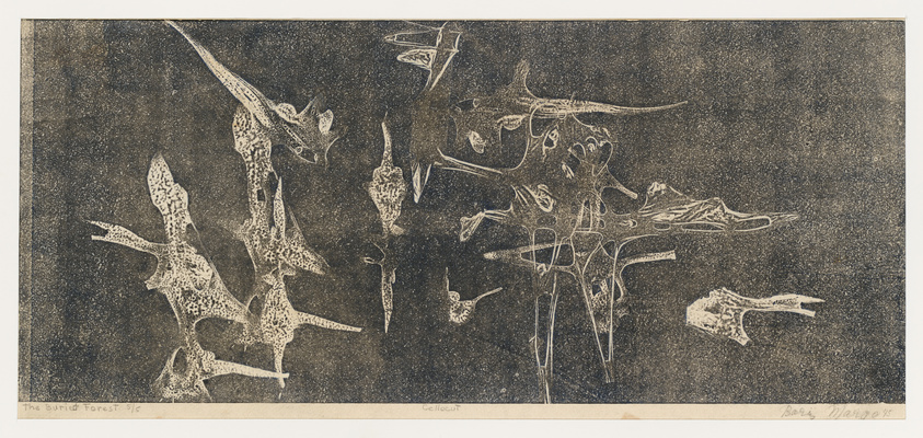 A textured print titled "The Buried Forest" featuring abstract, skeletal-like forms that resemble tree branches or organic shapes scattered across a speckled dark background, with the artist's name and the edition number written along the bottom edge.