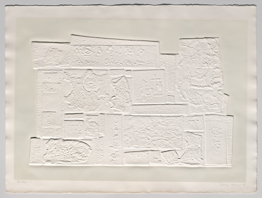 A textured white-on-white artwork composed of various raised, abstract and geometric shapes that resemble an assemblage of different-sized papers or canvases, some with indistinct embossed symbols or drawings. The piece is signed and dated in the bottom right corner.