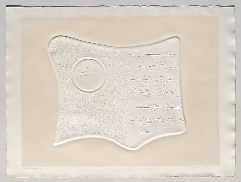 A textured white embossed print with a seal-like emblem on the left and raised script-like markings on the right, mounted on a beige paper background. The bottom left corner features a handwritten signature and edition number, while the bottom right corner has a date.