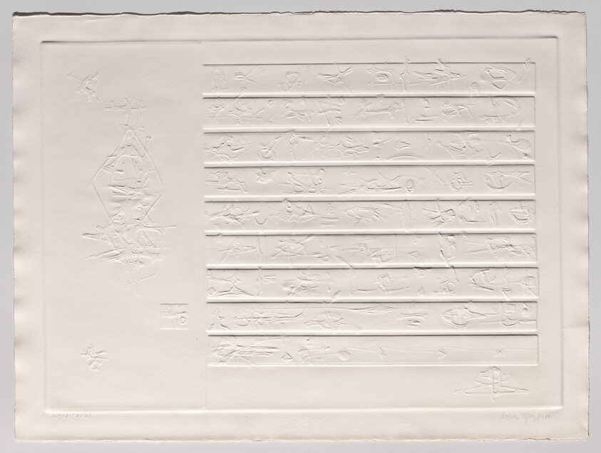 A textured white-on-white print featuring embossed hieroglyphic-like symbols arranged in horizontal bands across the paper, with a larger, more abstract embossed shape on the left side. The artwork has a raised border framing the composition, and there are signatures or inscriptions at the bottom.