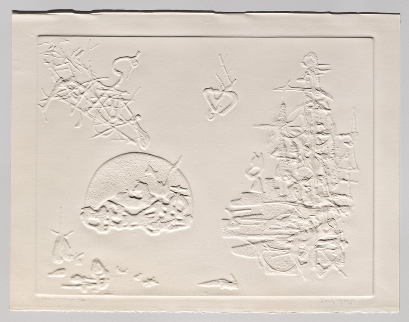 A textured white-on-white embossed print featuring abstract shapes and patterns that resemble scribbles and symbols, with some elements suggesting hearts and natural forms. The artwork is signed by the artist in the lower right corner.