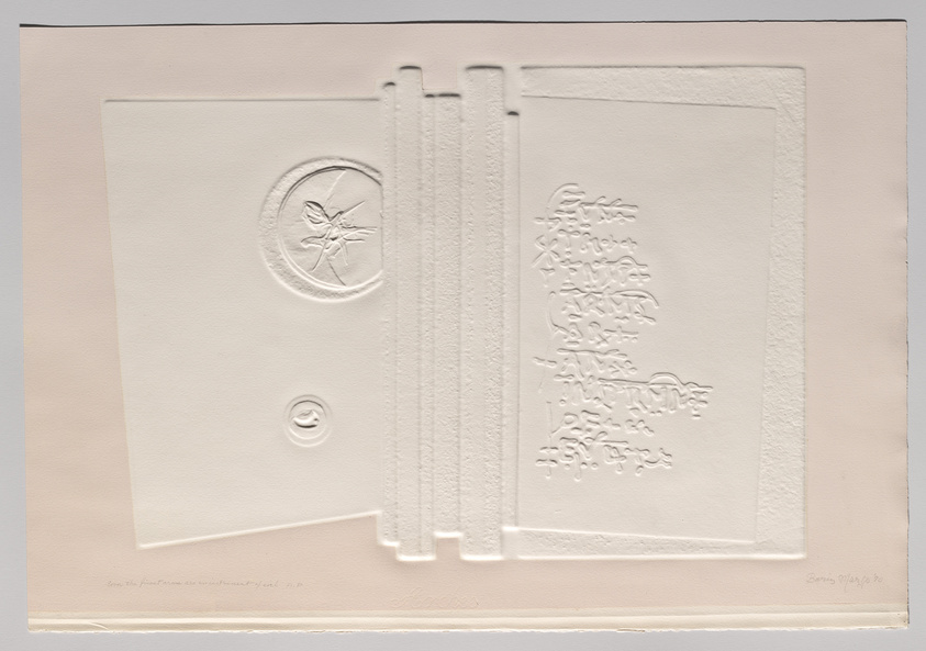 A textured embossed print featuring a book-like design with raised lines resembling the spine and pages on the right side. On the left, there is a circular seal with an embossed insect motif above a smaller circular copyright symbol. The right side of the print has embossed, illegible text, giving the appearance of a page of text. The artwork is on a cream-colored paper with a handwritten inscription at the bottom.