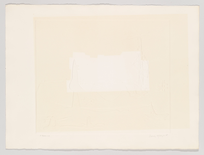 A faintly embossed print with minimal detail on an off-white paper, featuring indistinct shapes and lines that suggest a landscape or abstract forms. The paper's edges are slightly irregular, and there are handwritten inscriptions at the bottom left and right corners.