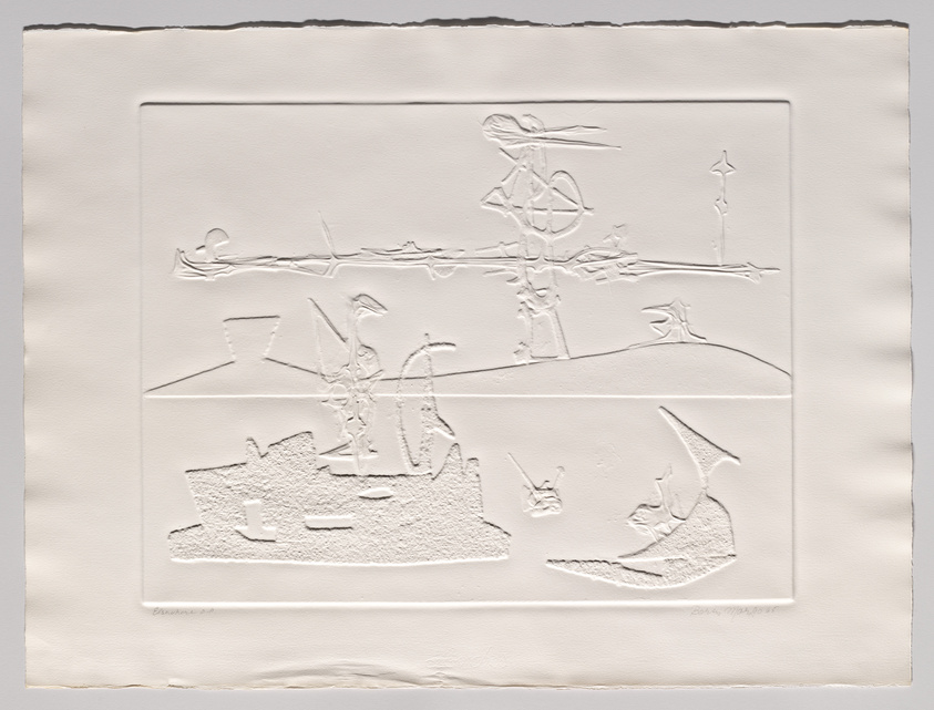 A textured embossed print on white paper featuring abstract representations of figures and objects, possibly in a landscape setting, with the artist's signature at the bottom right.