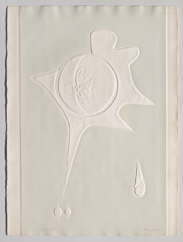 A textured, embossed print featuring abstract shapes and forms that resemble a stylized flame or organic emblem, with two smaller droplet-like shapes below it, all in a monochromatic white palette on a cream-colored paper. The artwork has a tactile quality with raised surfaces and is signed at the bottom right.