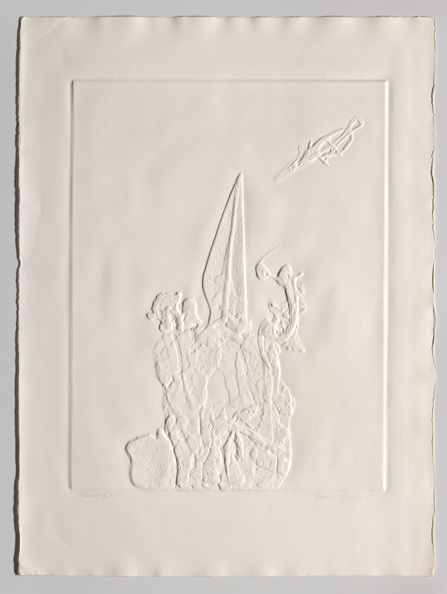 A textured white-on-white embossed paper artwork featuring an abstract design with a prominent vertical element on the left and a smaller horizontal figure towards the upper right corner. The paper has rough edges and is signed at the bottom right.