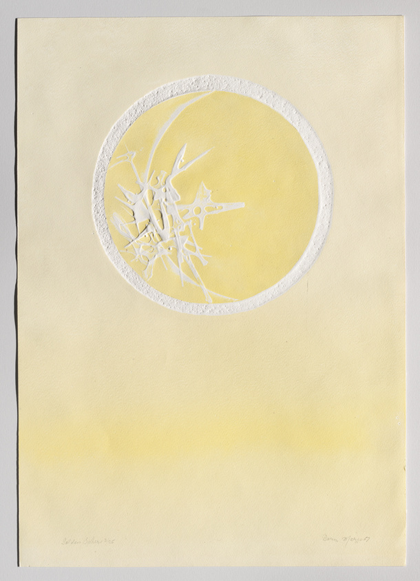 An abstract artwork featuring a textured white circle with intricate white shapes and splatters on a yellow gradient background, signed by the artist at the bottom.