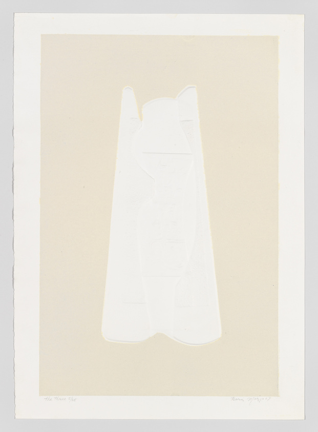 A minimalist embossed print of a figure resembling Batman on a cream-colored paper, with the title "The White Bat" and artist's signature at the bottom.