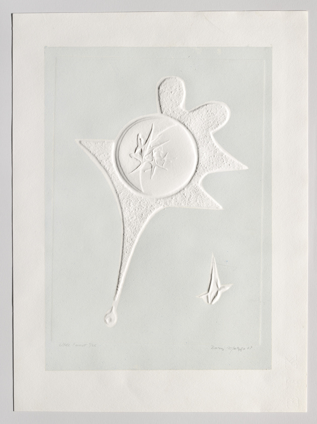 An embossed print featuring an abstract design with a central circular element surrounded by a fluid, organic shape, resembling a stylized plant or creature. The composition includes a smaller, separate embossed element below. The artwork is signed and dated in pencil, indicating its creation as a limited piece. The print is mounted on a white background, enhancing its three-dimensional texture.