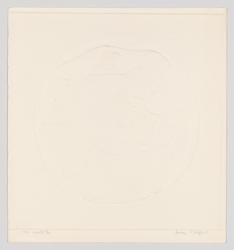 A subtle embossed print on a textured paper featuring a faint, circular design with indistinct shapes and contours. The artwork has a minimalist aesthetic with inscriptions at the bottom, possibly the title and artist's signature, in a light, almost matching tone to the paper.