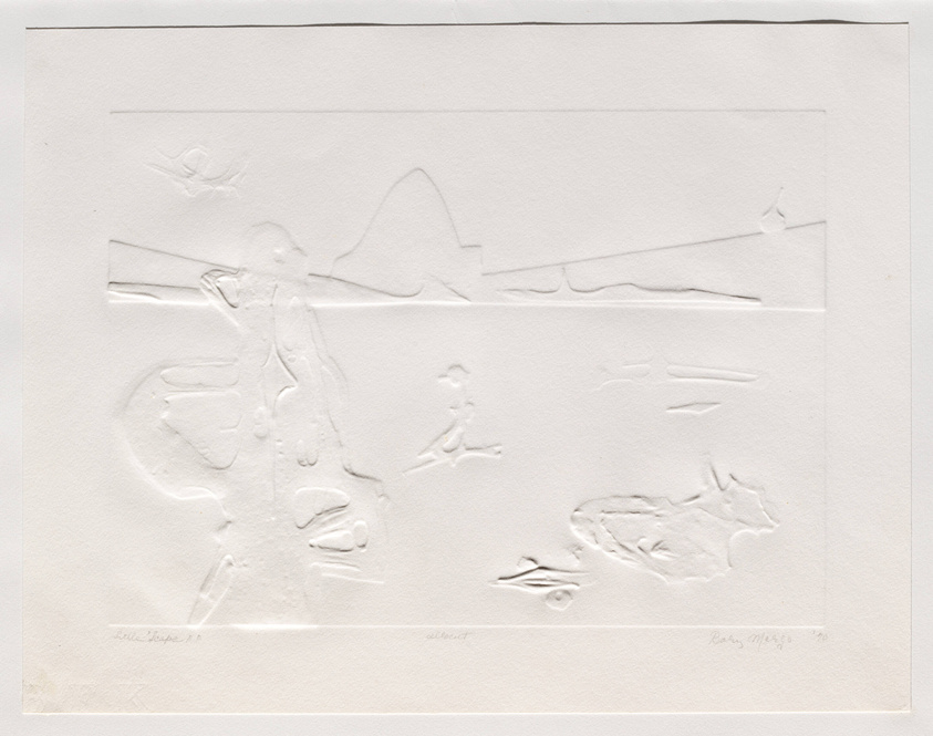 A textured embossed print with abstract shapes and figures on a white background. The raised design includes what appears to be a human figure, a bird, and other indistinct forms, with some handwritten text at the bottom.