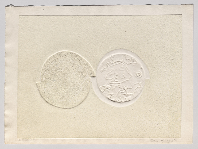 A textured paper embossment featuring two overlapping circles with raised, intricate designs, resembling a coin or seal, on a cream-colored background. The left circle is partially cut off, and the right one is complete with visible patterns. The artwork is signed and dated at the bottom right corner.